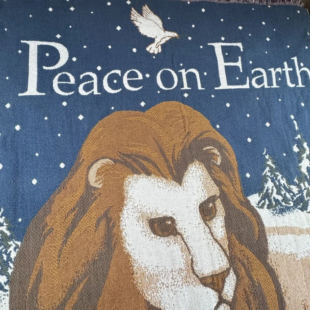 Peace on Earth Woven Tapestry Throw Blanket Lion Lamb Dove 70x47 Blue Vintage